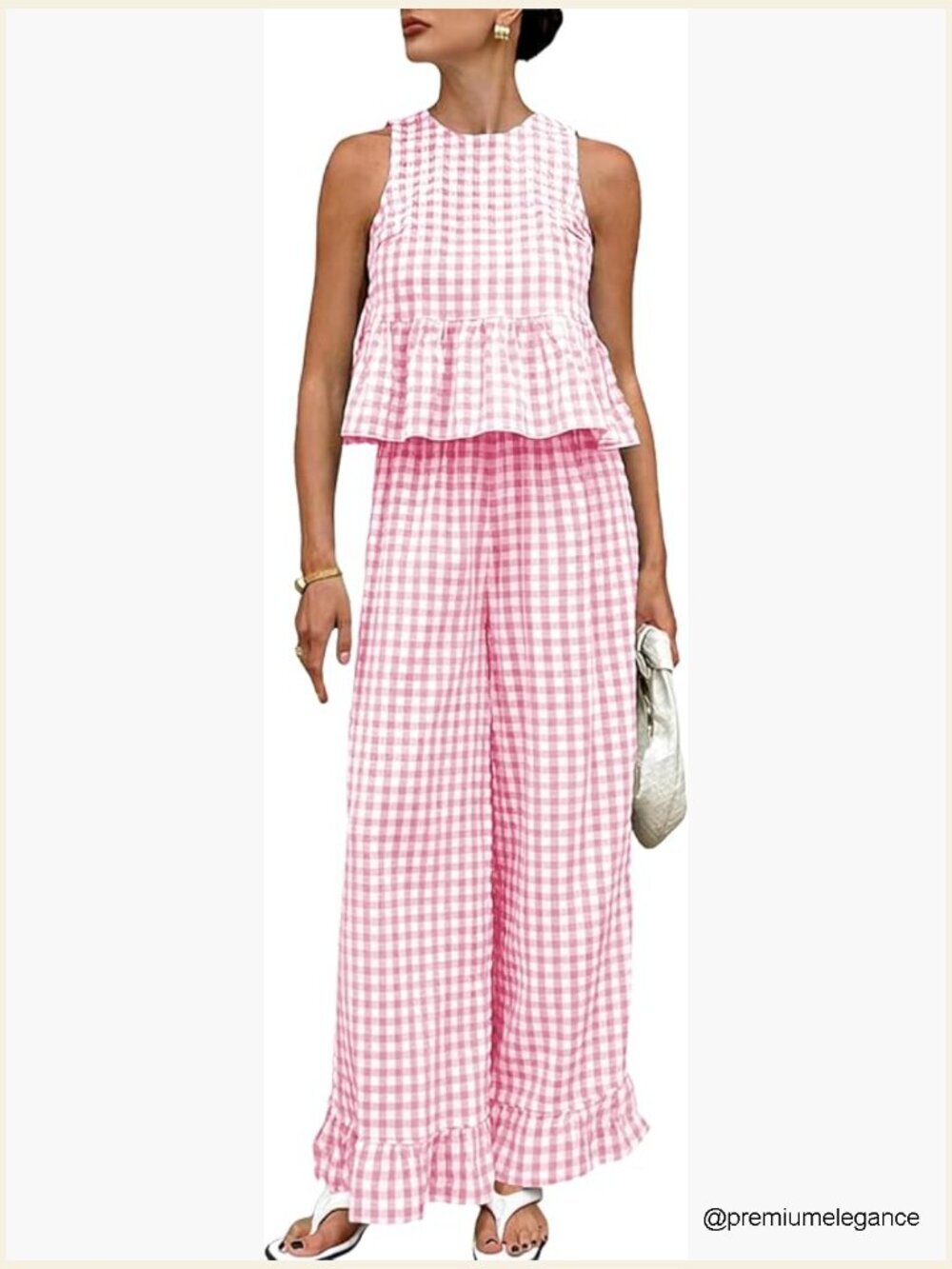Womens 2 Piece Gingham Ruffle Hem Tank Top and Wide Leg Pants Lounge Set